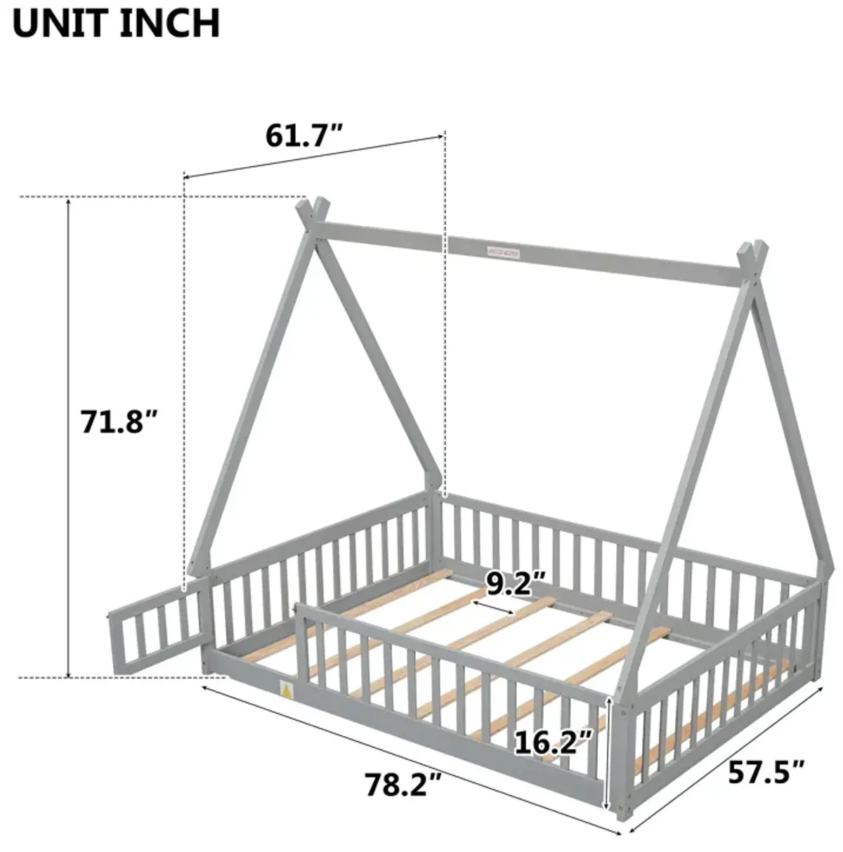 Tent-Shaped Floor Bed, With Guardrails, Slats, Door