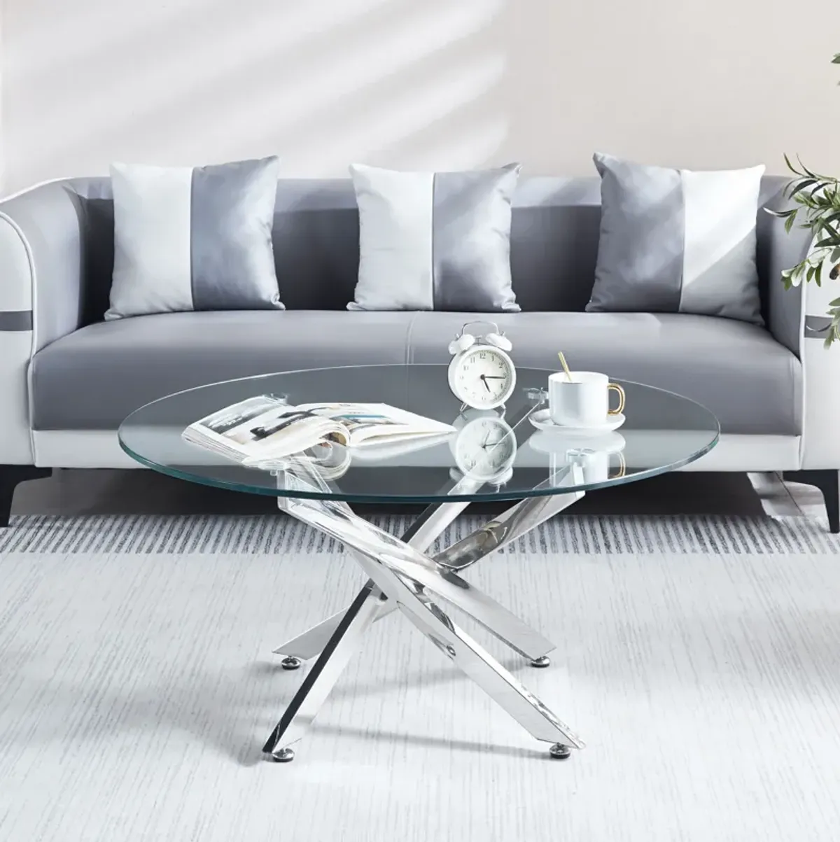 Modern Round Tempered Glass Coffee Table With Chrome Legs