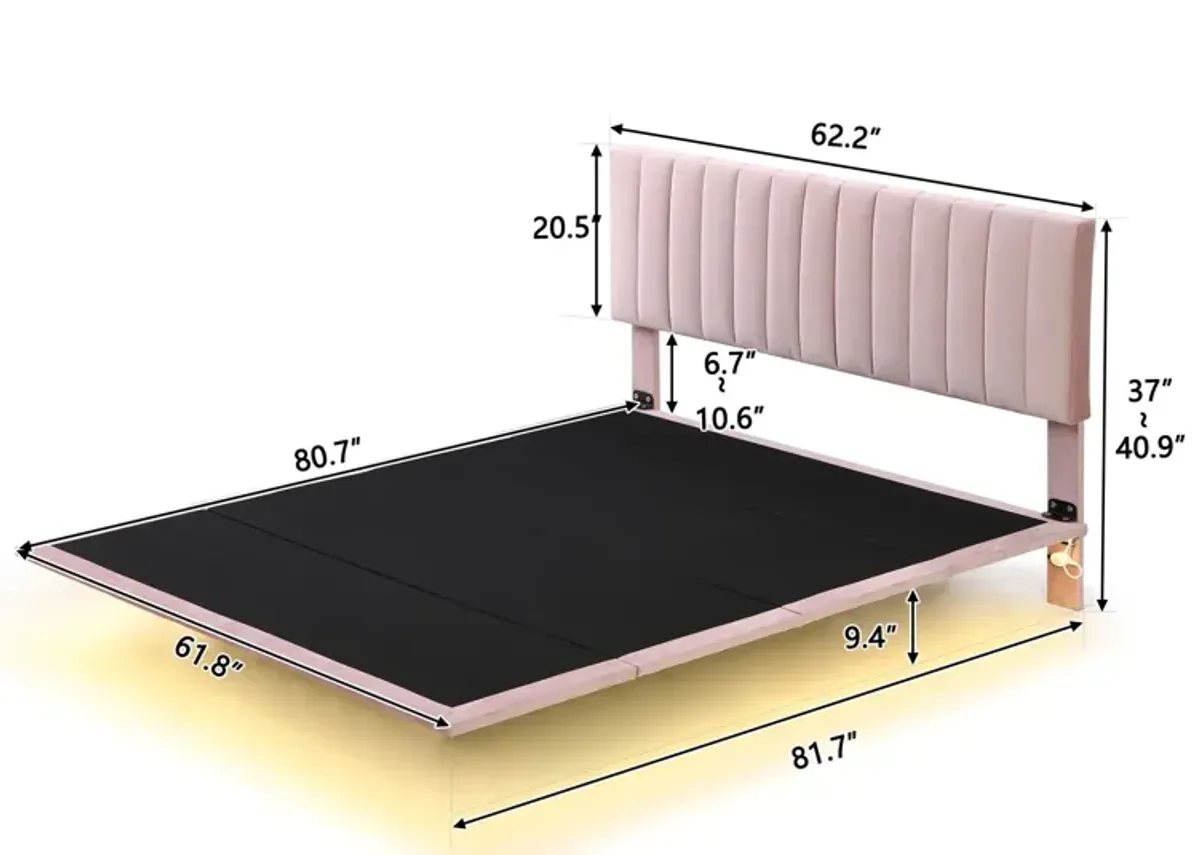 Upholstered Bed With Sensor Light And Headboard, Floating Velvet Platform Bed