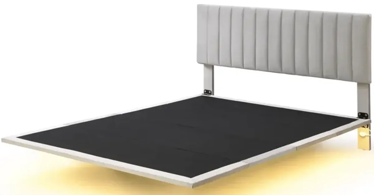 Upholstered Bed With Sensor Light And Headboard, Floating Velvet Platform Bed