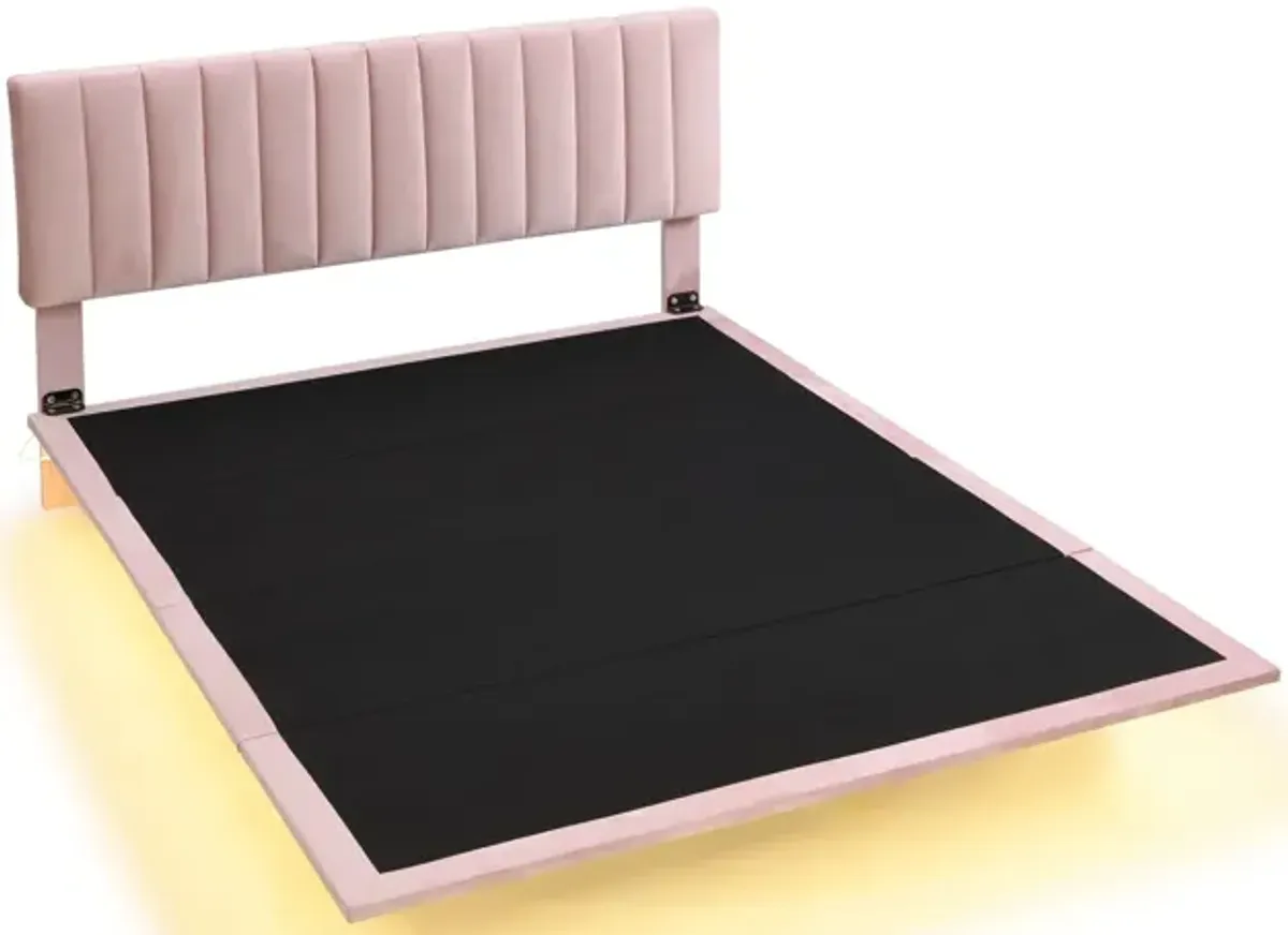 Upholstered Bed With Sensor Light And Headboard, Floating Velvet Platform Bed