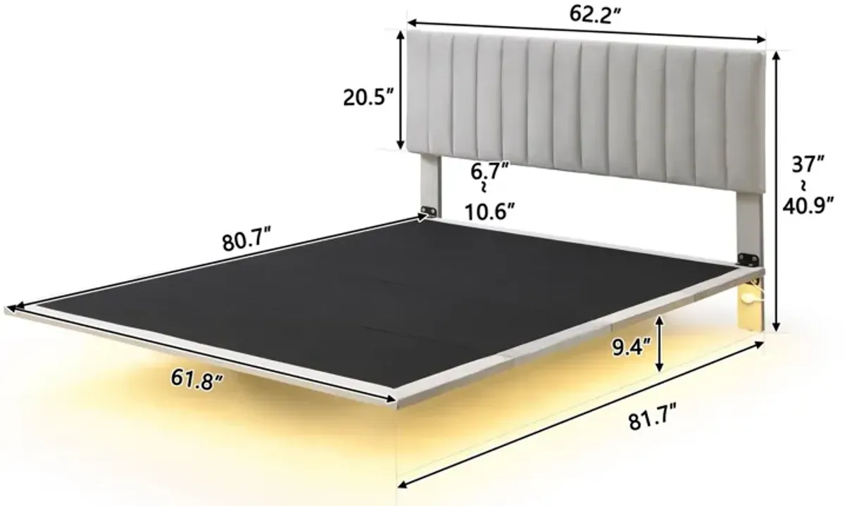 Upholstered Bed With Sensor Light And Headboard, Floating Velvet Platform Bed