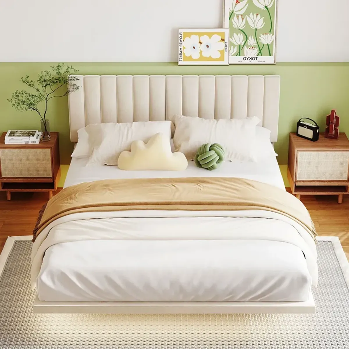 Upholstered Bed With Sensor Light And Headboard, Floating Velvet Platform Bed