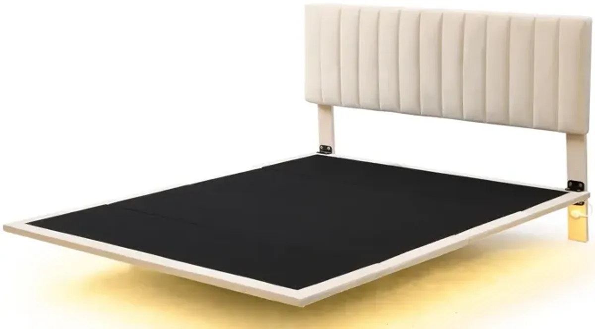 Upholstered Bed With Sensor Light And Headboard, Floating Velvet Platform Bed