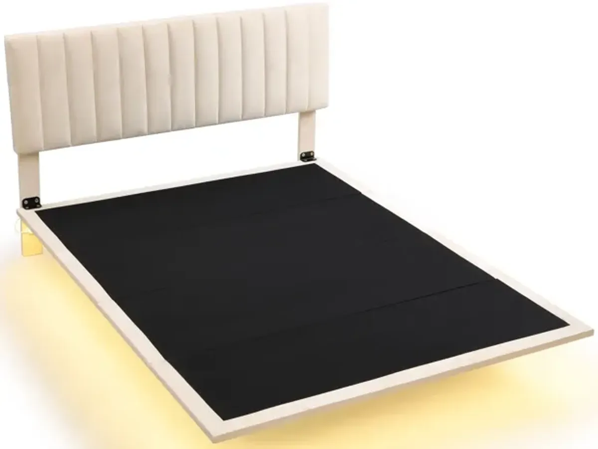 Upholstered Bed With Sensor Light And Headboard, Floating Velvet Platform Bed