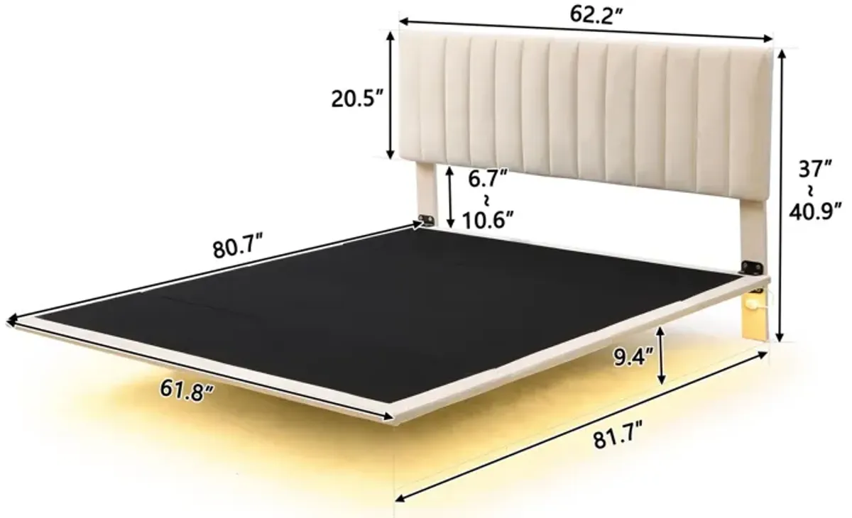 Upholstered Bed With Sensor Light And Headboard, Floating Velvet Platform Bed