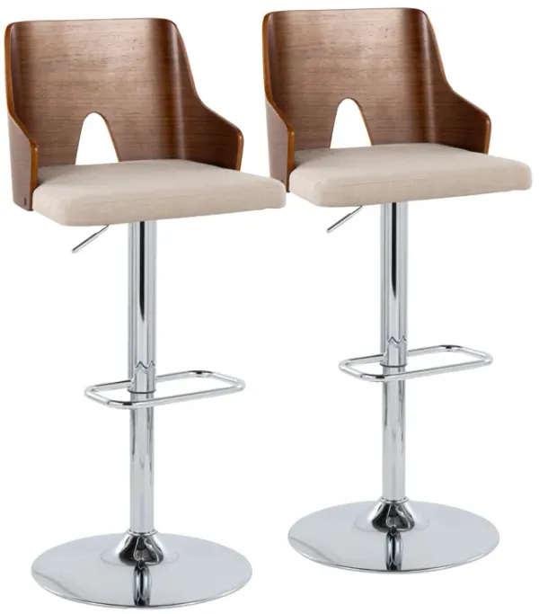 Ariana - Mid-Century Modern Adjustable Barstool With Swivel With Rounded Rectangle Footrest (Set of 2) - Chrome / Walnut / Beige