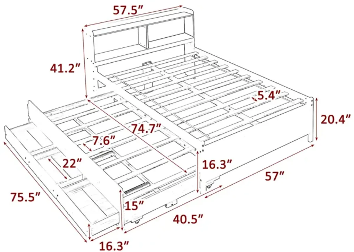 Bed With Bookcase, Twin Trundle, Drawers