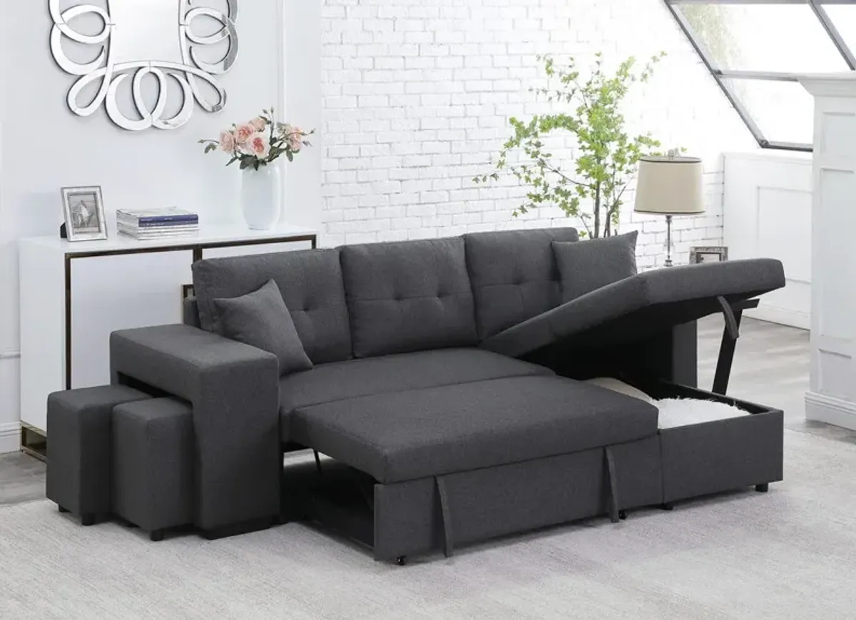 Dennis - Linen Fabric Reversible Sleeper Sectional With Storage Chaise And 2 Stools