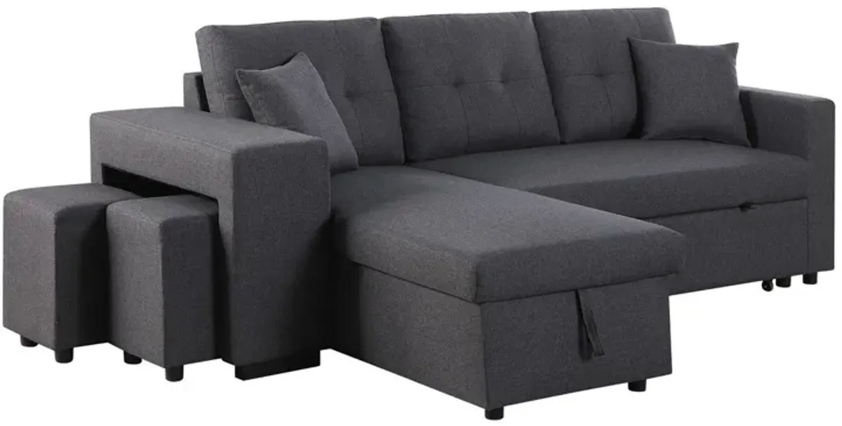 Dennis - Linen Fabric Reversible Sleeper Sectional With Storage Chaise And 2 Stools