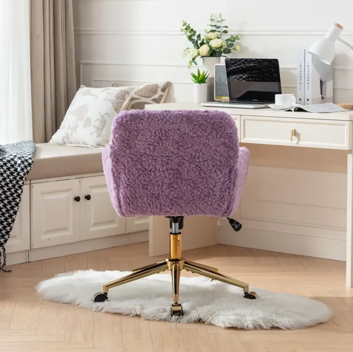 Office Chair, Artificial Rabbit Hair Home Office Chair With Golden Metal Base, Adjustable Desk Chair Swivel Office Chair, Vanity Chair