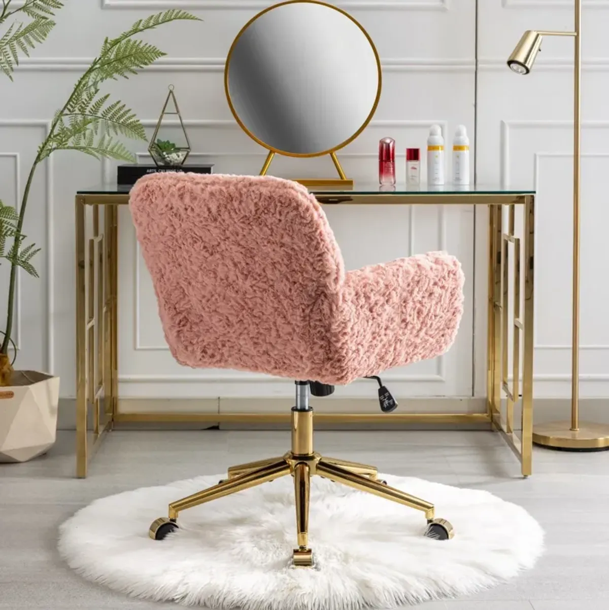 Office Chair, Artificial Rabbit Hair Home Office Chair With Golden Metal Base, Adjustable Desk Chair Swivel Office Chair, Vanity Chair