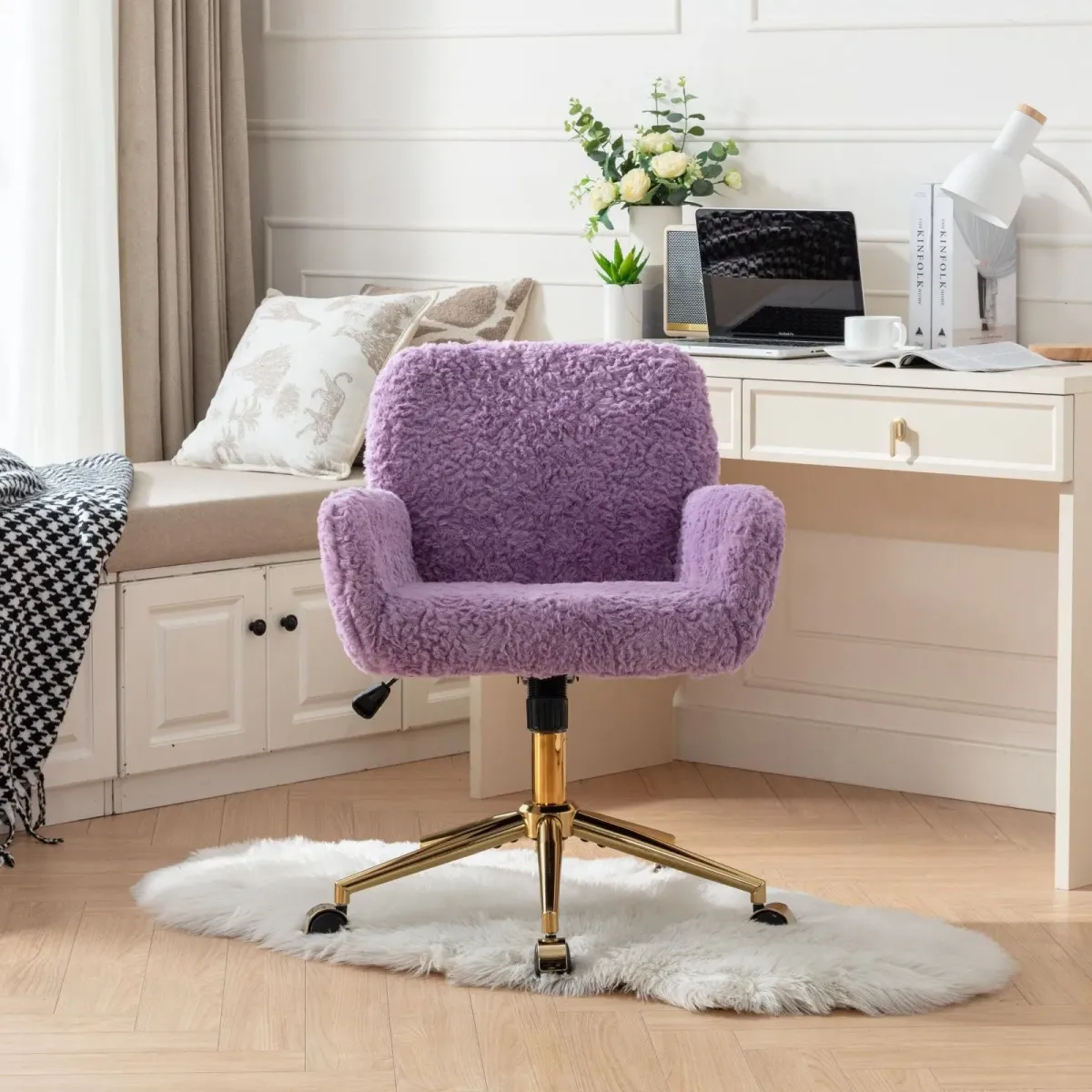 Office Chair, Artificial Rabbit Hair Home Office Chair With Golden Metal Base, Adjustable Desk Chair Swivel Office Chair, Vanity Chair