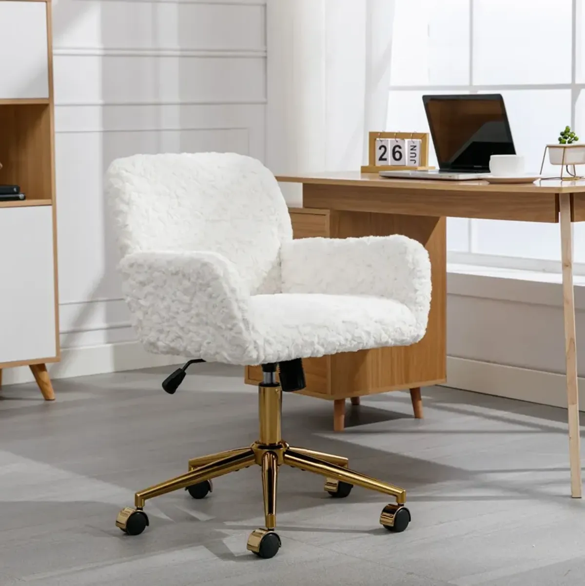 Office Chair, Artificial Rabbit Hair Home Office Chair With Golden Metal Base, Adjustable Desk Chair Swivel Office Chair, Vanity Chair