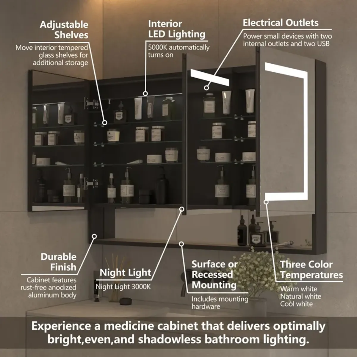 LED Lighted Bathroom Medicine Cabinet With Mirror, Recessed Or Surface LED Medicine Cabinet, Defog, Stepless Dimming, Color Temper Change, Storage Shelves