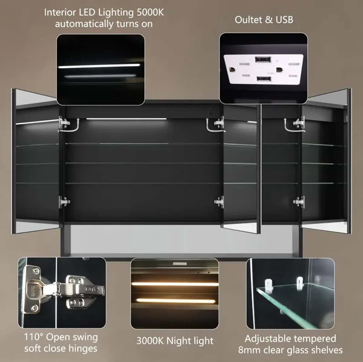 LED Lighted Bathroom Medicine Cabinet With Mirror, Recessed Or Surface LED Medicine Cabinet, Defog, Stepless Dimming, Color Temper Change, Storage Shelves