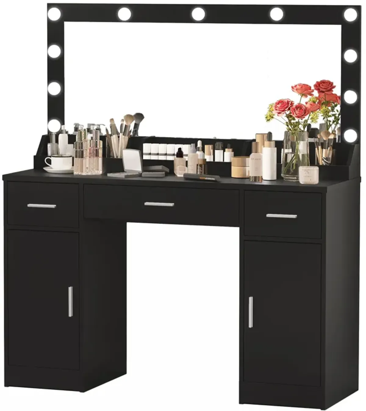 Vanity Desk With Large Mirror, 3 Colour Lighting Modes, Adjustable Brightness, Dresser With 3 Drawers & 2 Vertical Cabinets, Makeup Vanity Table For Women & Girls