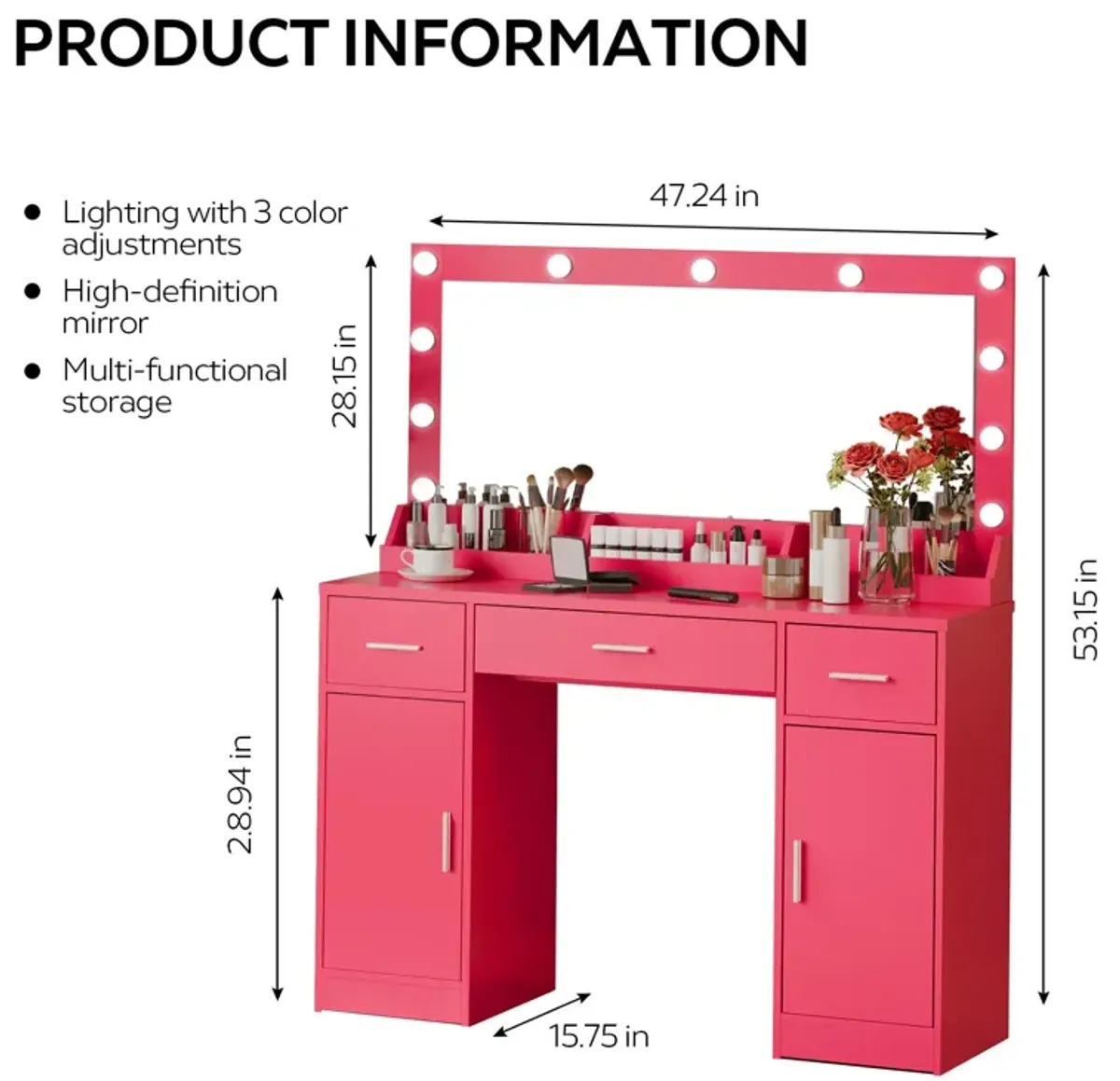 Vanity Desk With Large Mirror, 3 Colour Lighting Modes, Adjustable Brightness, Dresser With 3 Drawers & 2 Vertical Cabinets, Makeup Vanity Table For Women & Girls