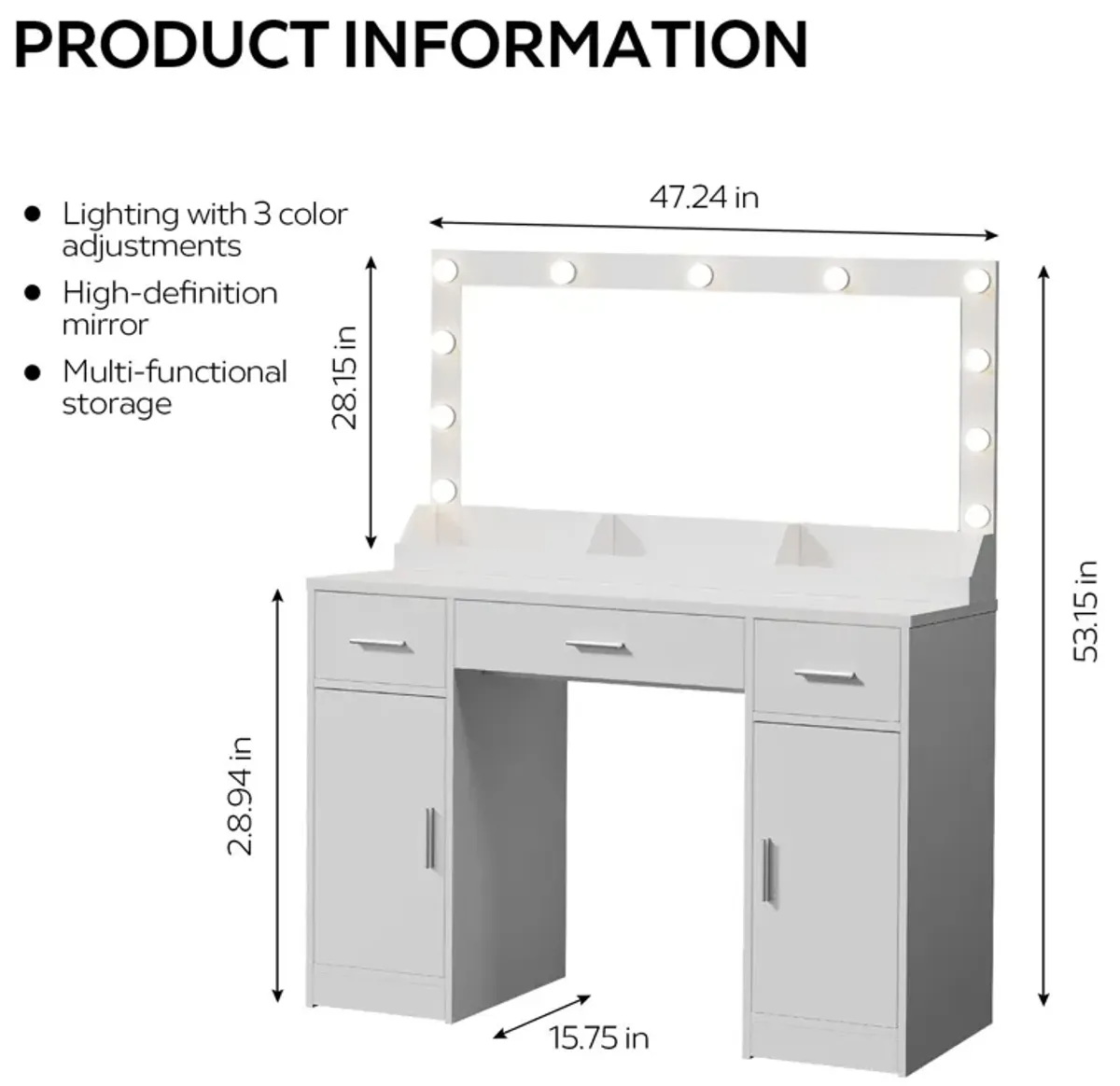 Vanity Desk With Large Mirror, 3 Colour Lighting Modes, Adjustable Brightness, Dresser With 3 Drawers & 2 Vertical Cabinets, Makeup Vanity Table For Women & Girls