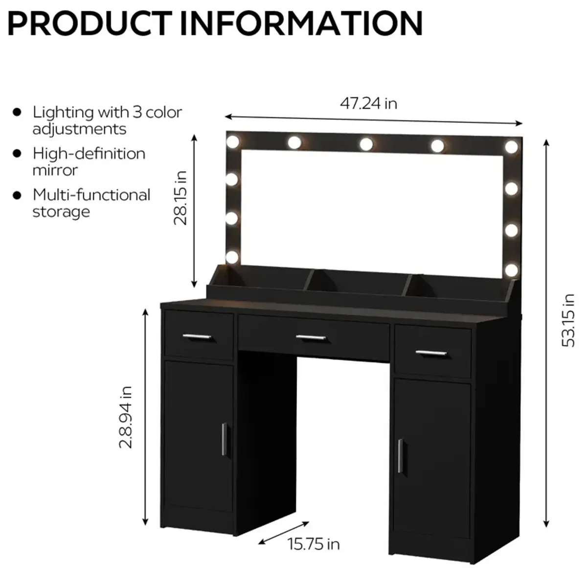 Vanity Desk With Large Mirror, 3 Colour Lighting Modes, Adjustable Brightness, Dresser With 3 Drawers & 2 Vertical Cabinets, Makeup Vanity Table For Women & Girls