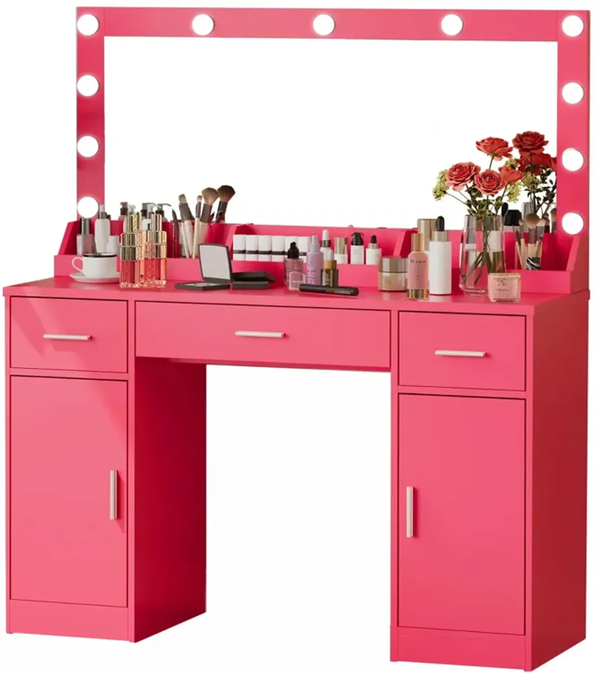 Vanity Desk With Large Mirror, 3 Colour Lighting Modes, Adjustable Brightness, Dresser With 3 Drawers & 2 Vertical Cabinets, Makeup Vanity Table For Women & Girls