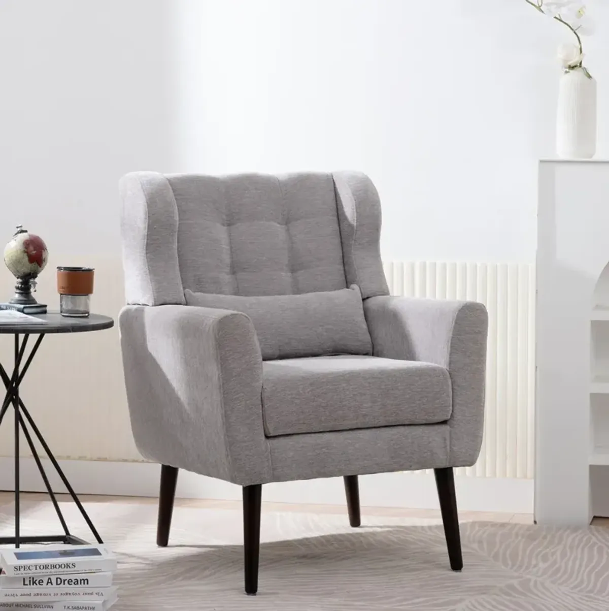 Modern Accent Chair, Chenille Arm Chairs For Living Room, Upholstered Mordern Armchair, Comfy Soft Padded Lounge Chair In Small Space, Bedroom, With Pillow, Solid Wood Leg