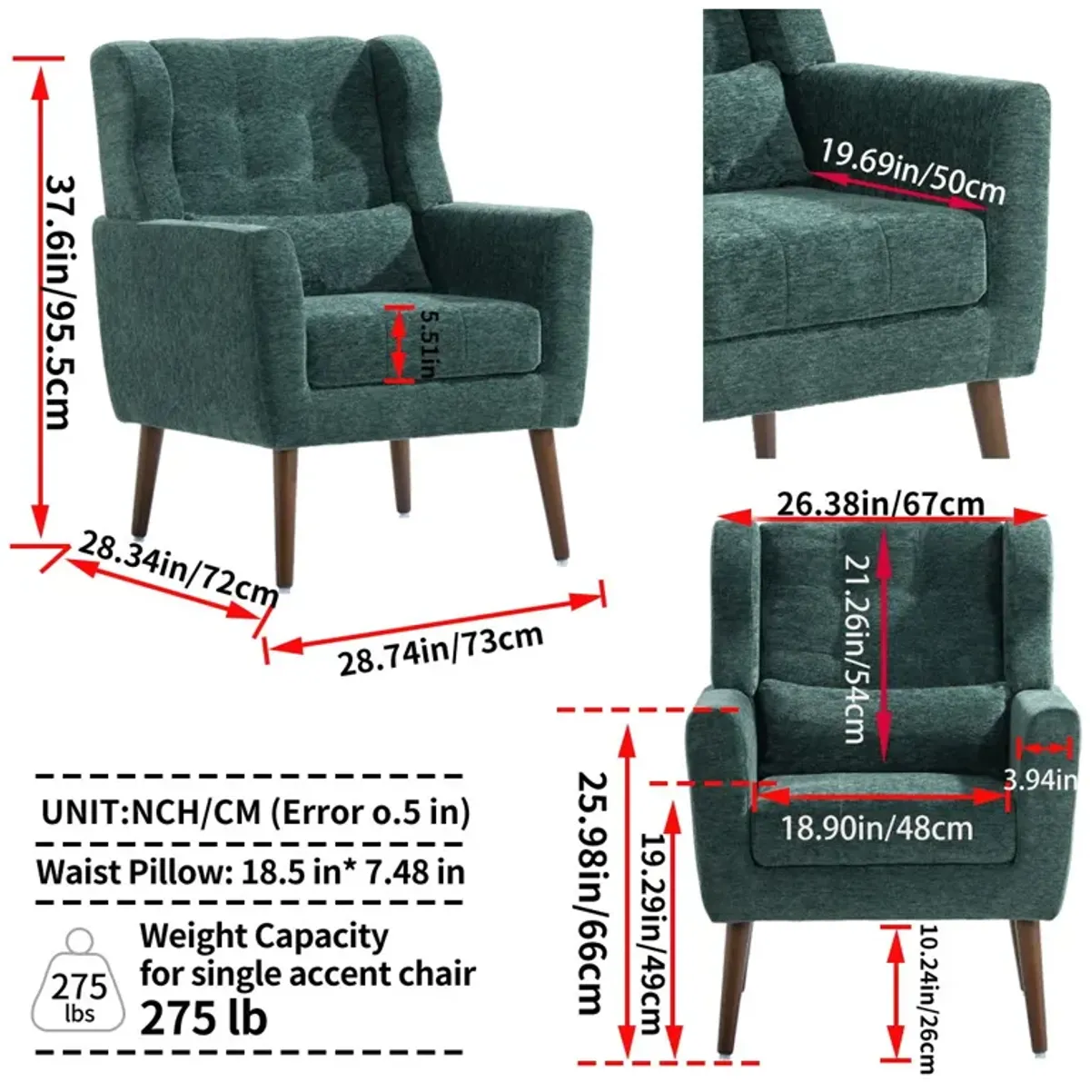 Modern Accent Chair, Chenille Arm Chairs For Living Room, Upholstered Mordern Armchair, Comfy Soft Padded Lounge Chair In Small Space, Bedroom, With Pillow, Solid Wood Leg