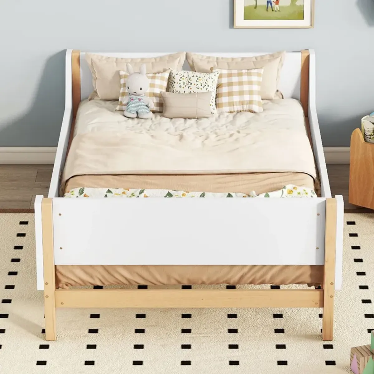 Bed With Headboard, Footboard, Safeguards, Built-In Bed-End Book Storage Rack