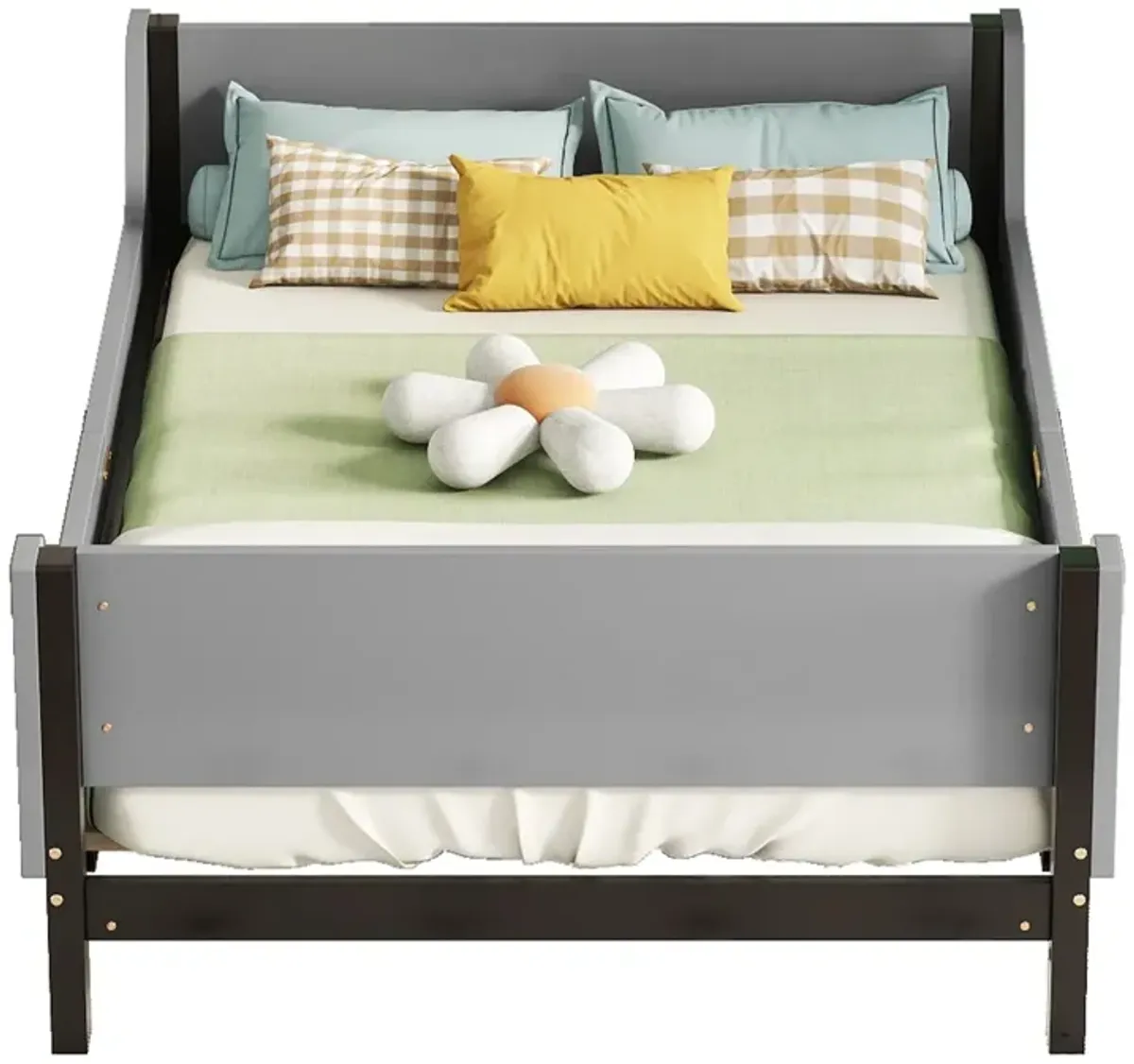 Bed With Headboard, Footboard, Safeguards, Built-In Bed-End Book Storage Rack