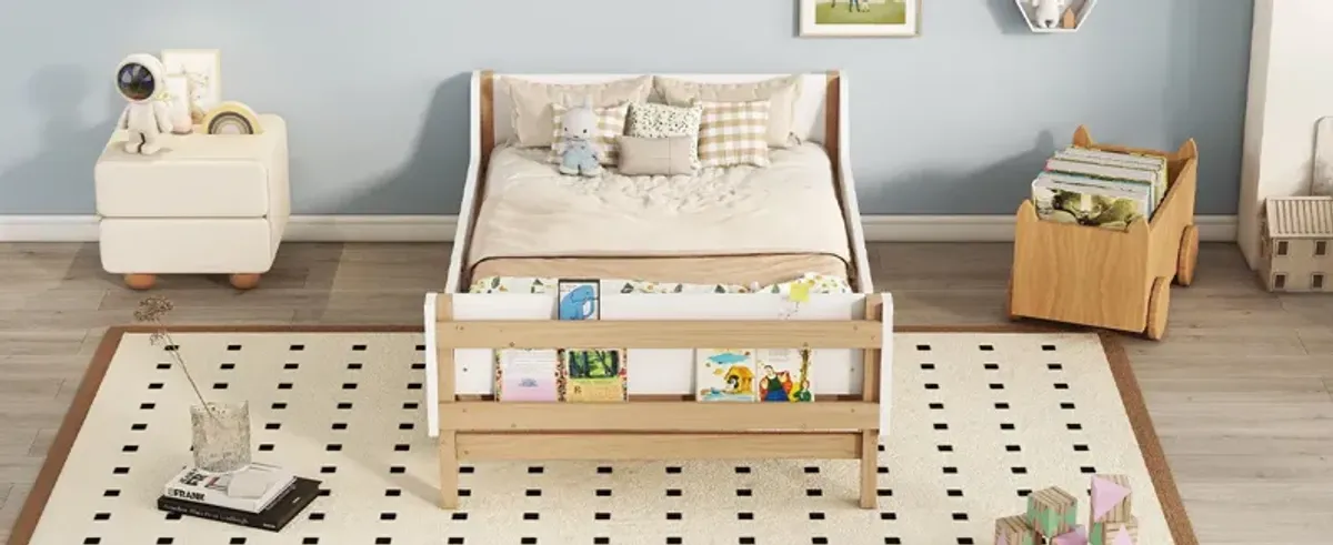 Bed With Headboard, Footboard, Safeguards, Built-In Bed-End Book Storage Rack