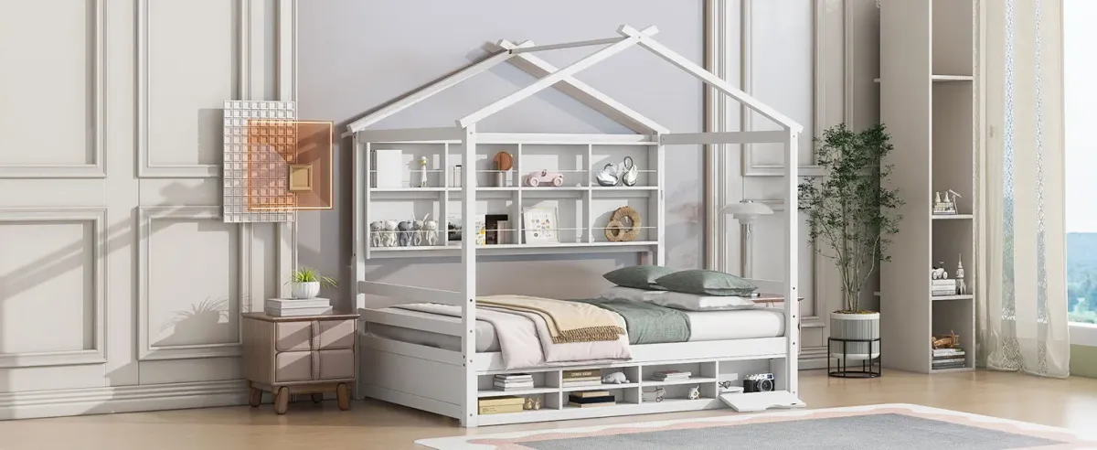 House Bed With Roof Frame, Bedside-Shelves, Under Bed Storage Unit