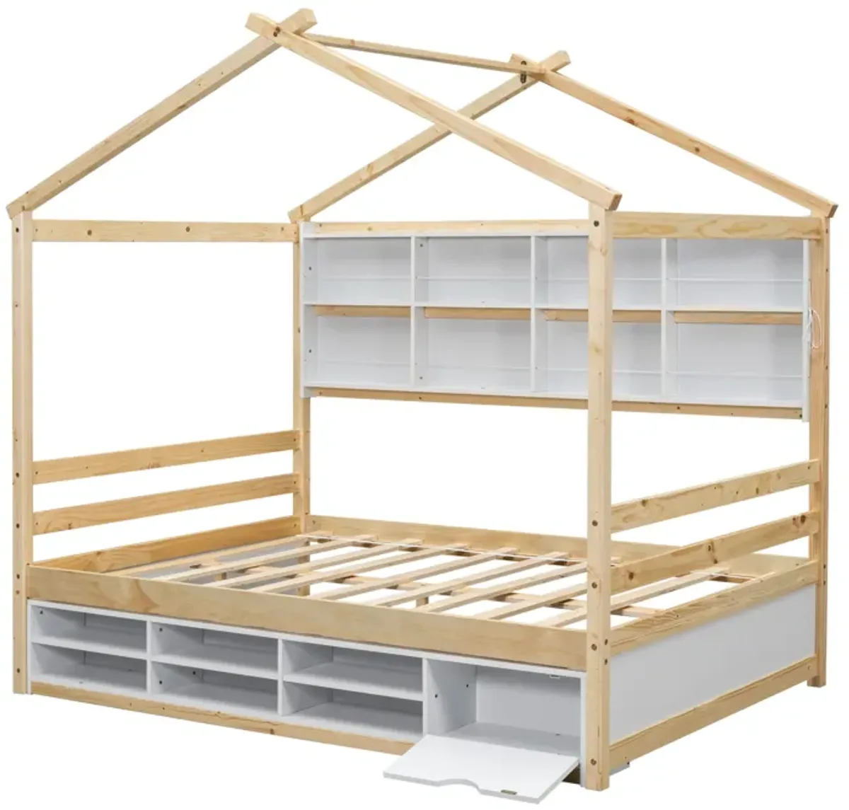 House Bed With Roof Frame, Bedside-Shelves, Under Bed Storage Unit