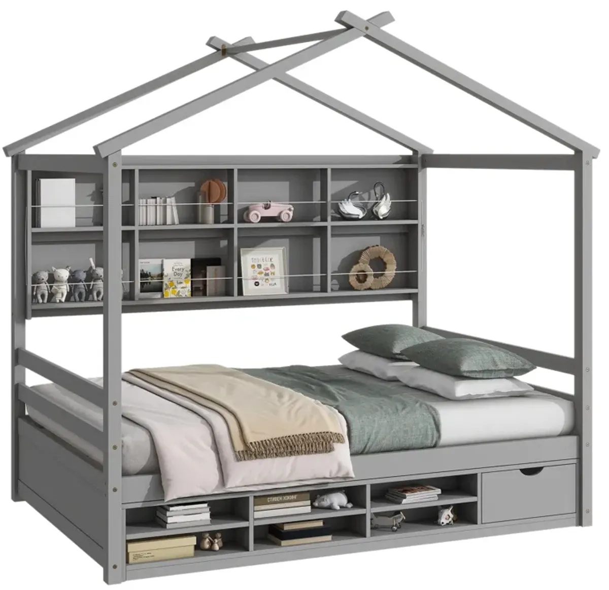 House Bed With Roof Frame, Bedside-Shelves, Under Bed Storage Unit