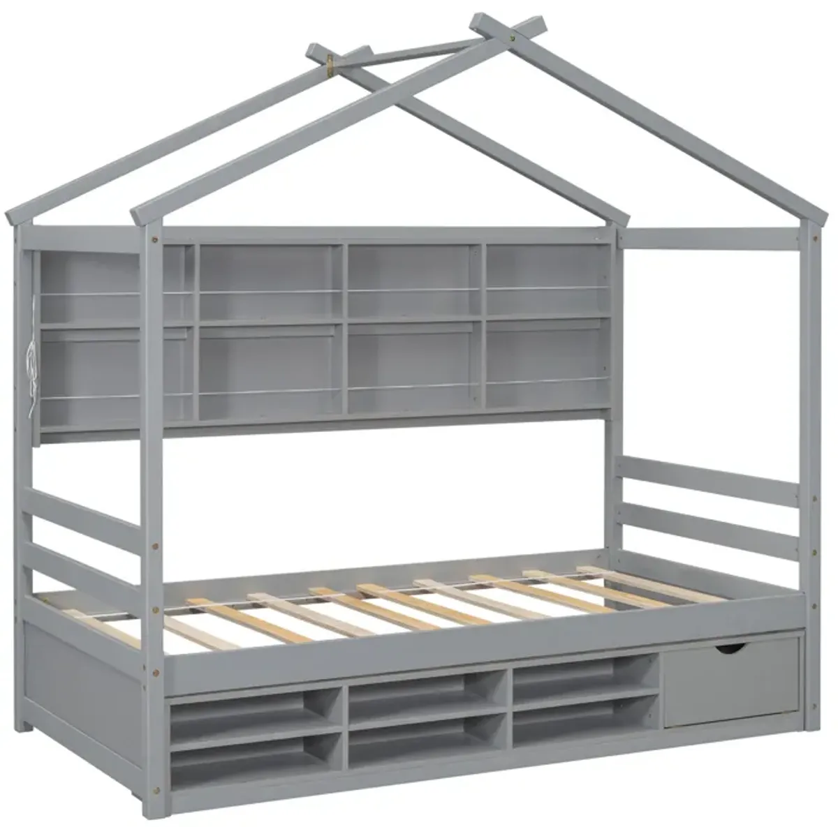 House Bed With Roof Frame, Bedside-Shelves, Under Bed Storage Unit