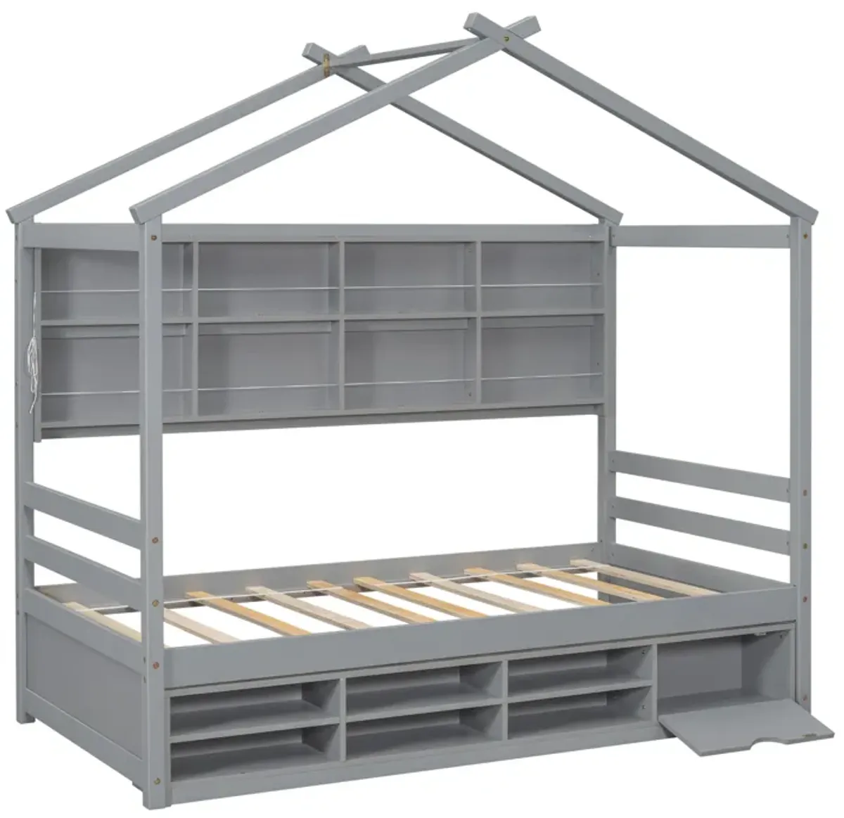 House Bed With Roof Frame, Bedside-Shelves, Under Bed Storage Unit