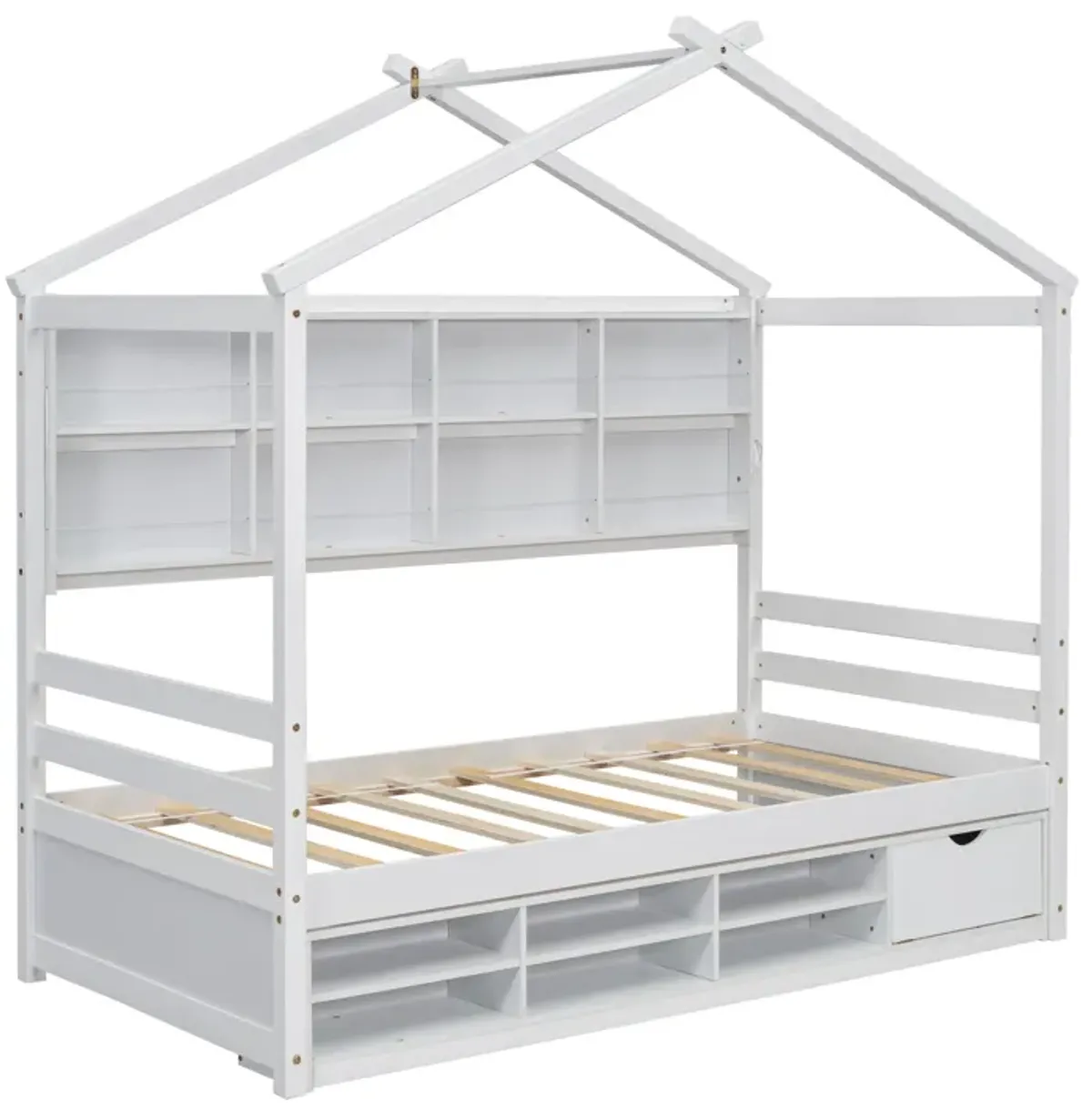 House Bed With Roof Frame, Bedside-Shelves, Under Bed Storage Unit