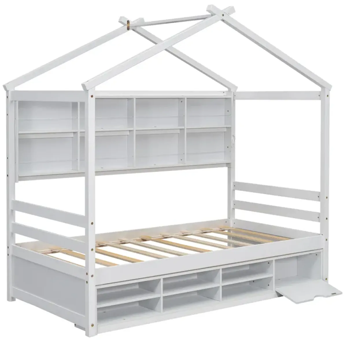 House Bed With Roof Frame, Bedside-Shelves, Under Bed Storage Unit