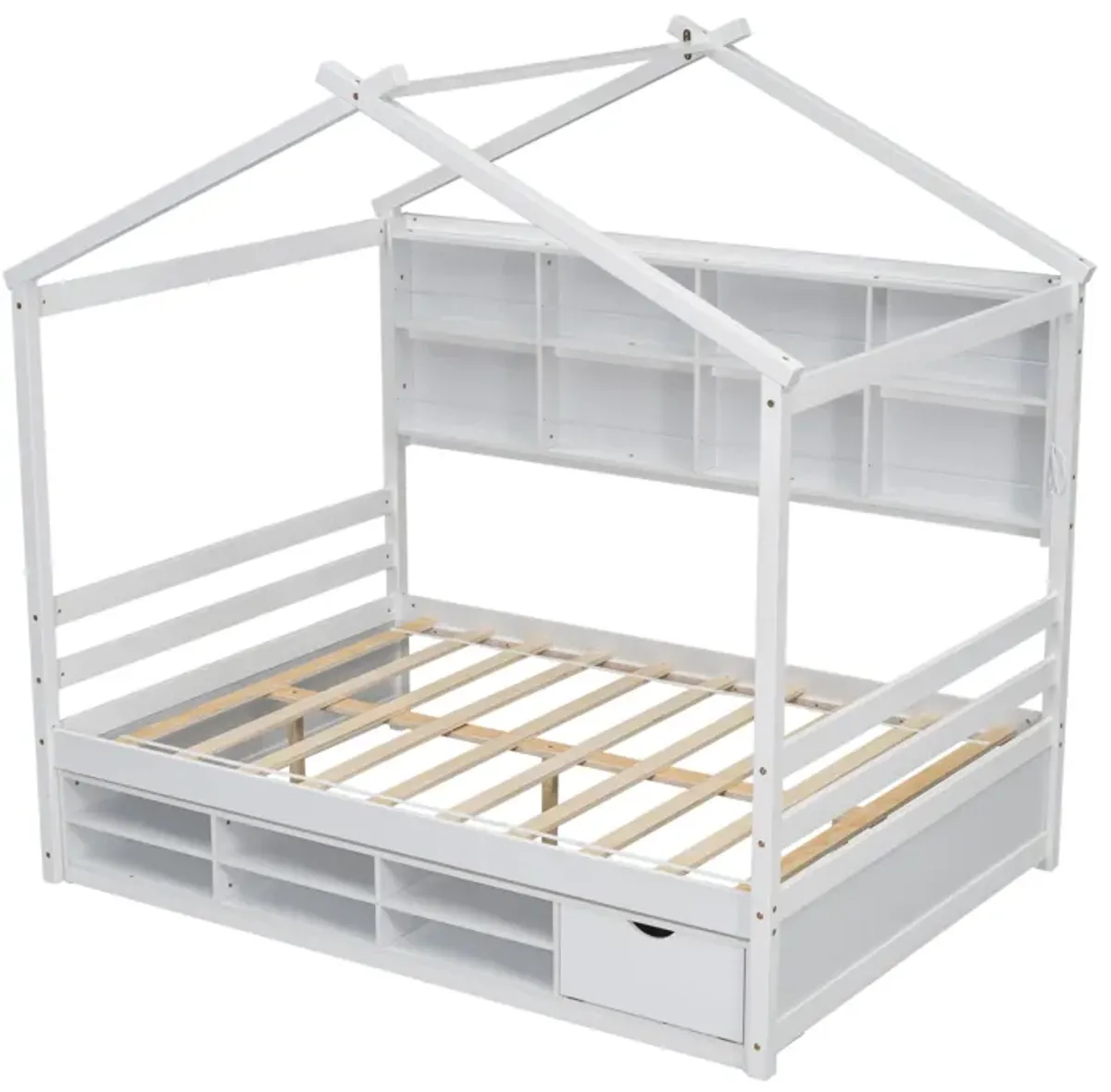 House Bed With Roof Frame, Bedside-Shelves, Under Bed Storage Unit