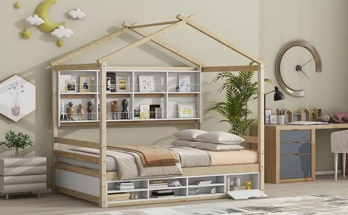 House Bed With Roof Frame, Bedside-Shelves, Under Bed Storage Unit