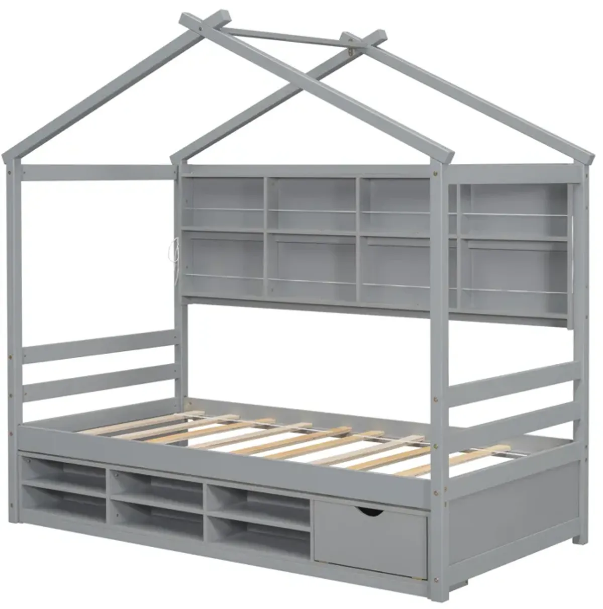 House Bed With Roof Frame, Bedside-Shelves, Under Bed Storage Unit