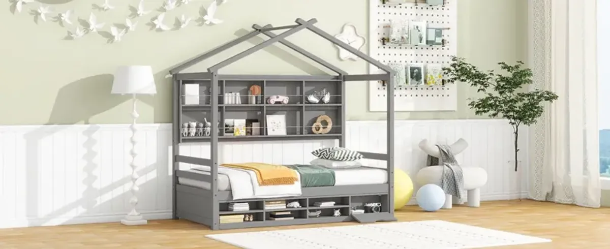 House Bed With Roof Frame, Bedside-Shelves, Under Bed Storage Unit