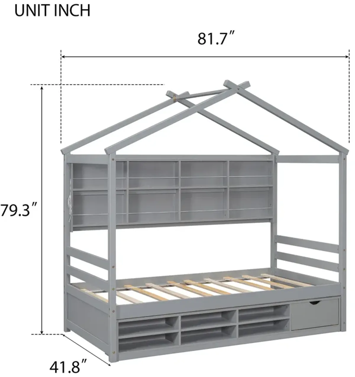 House Bed With Roof Frame, Bedside-Shelves, Under Bed Storage Unit