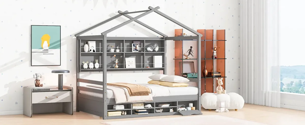 House Bed With Roof Frame, Bedside-Shelves, Under Bed Storage Unit