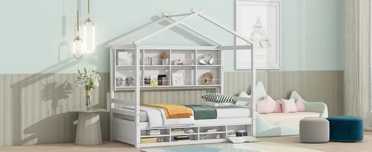 House Bed With Roof Frame, Bedside-Shelves, Under Bed Storage Unit