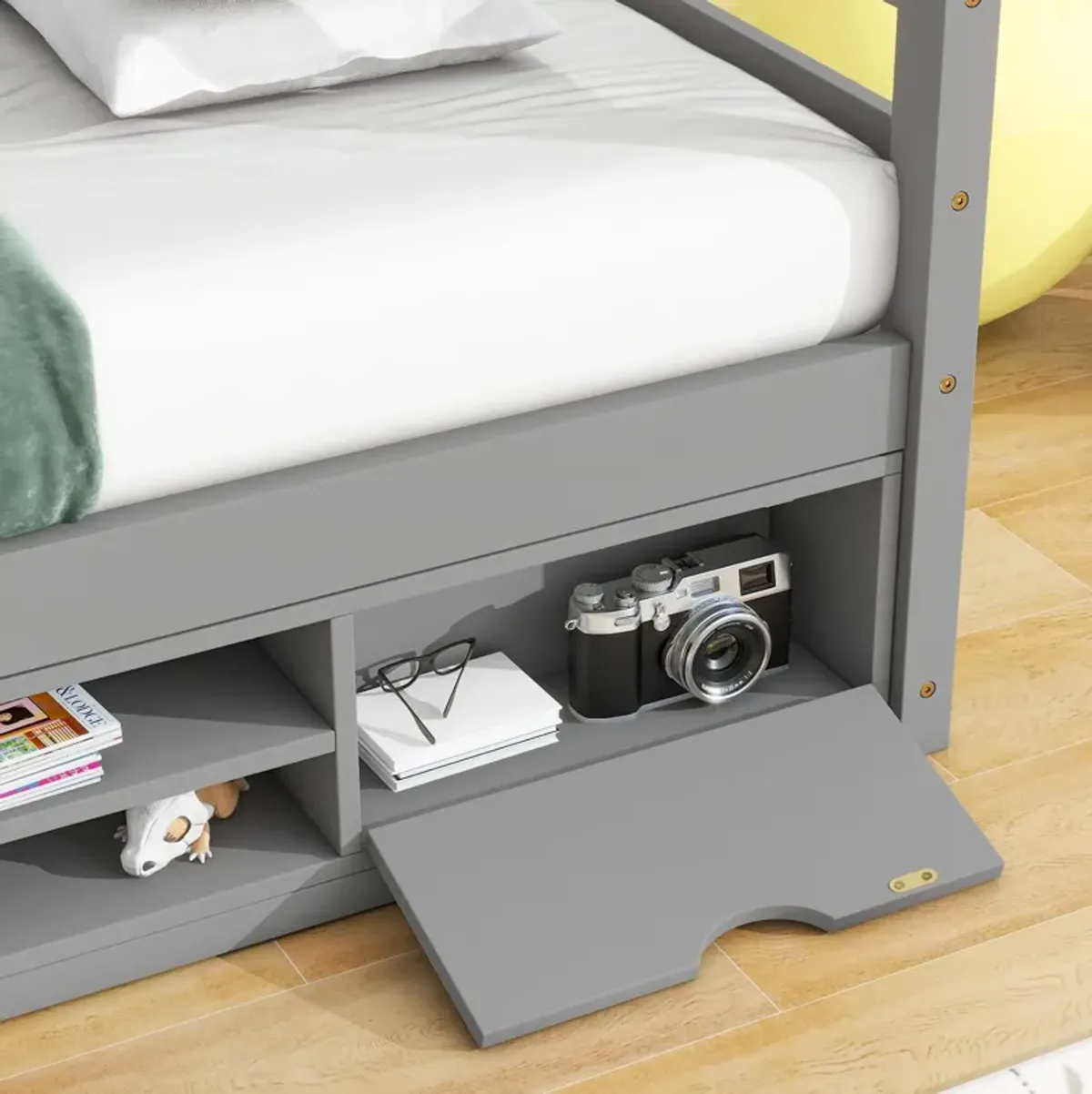 House Bed With Roof Frame, Bedside-Shelves, Under Bed Storage Unit