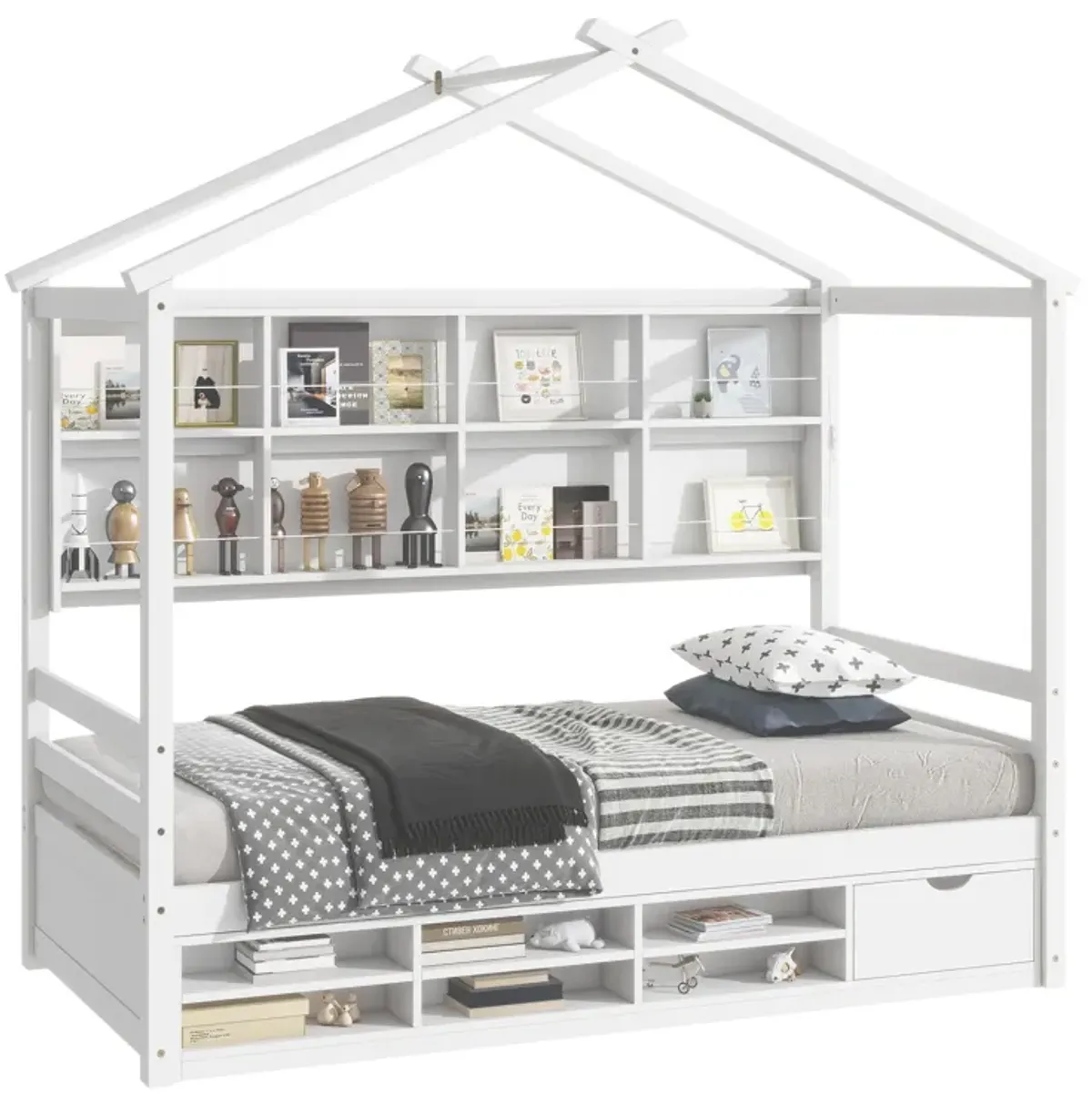 House Bed With Roof Frame, Bedside-Shelves, Under Bed Storage Unit