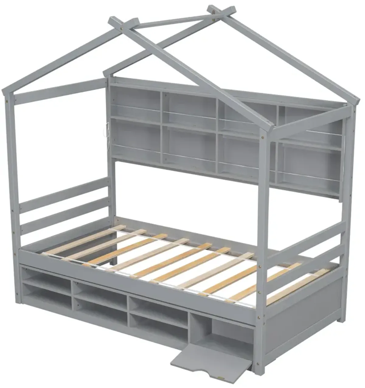 House Bed With Roof Frame, Bedside-Shelves, Under Bed Storage Unit