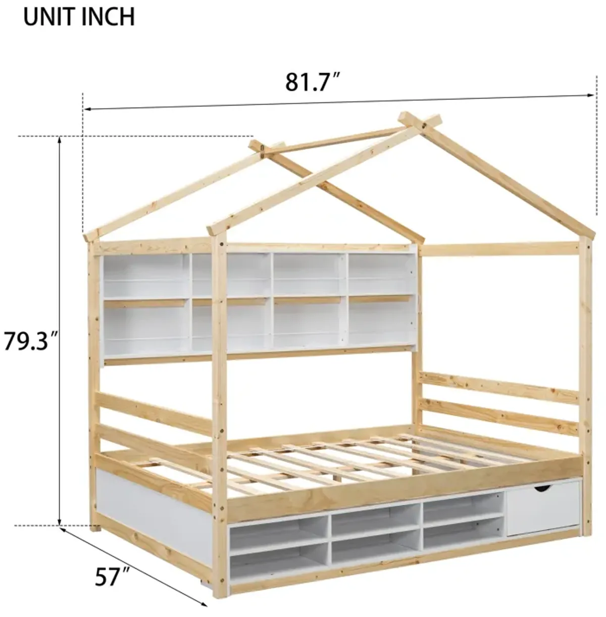 House Bed With Roof Frame, Bedside-Shelves, Under Bed Storage Unit