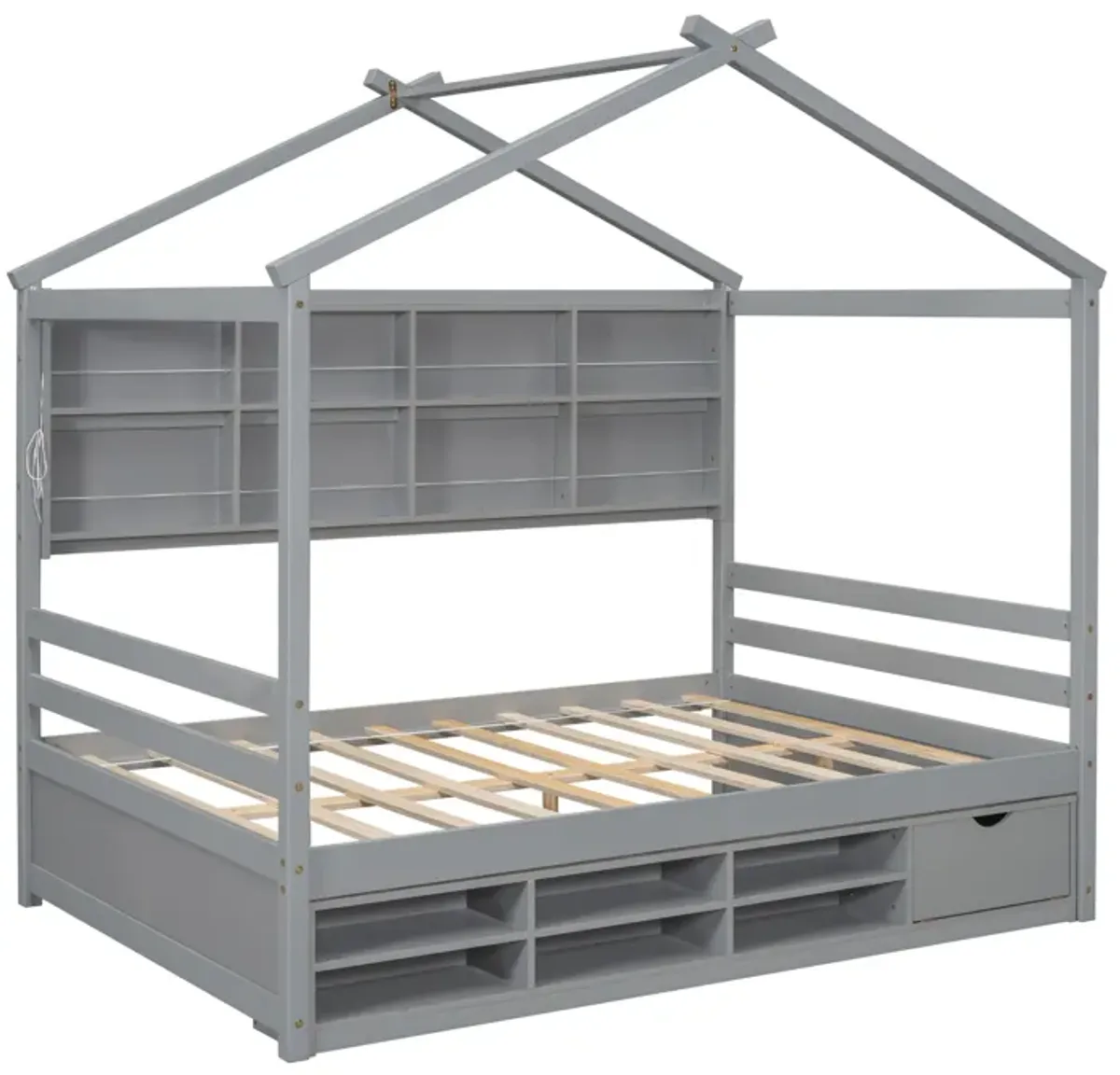 House Bed With Roof Frame, Bedside-Shelves, Under Bed Storage Unit