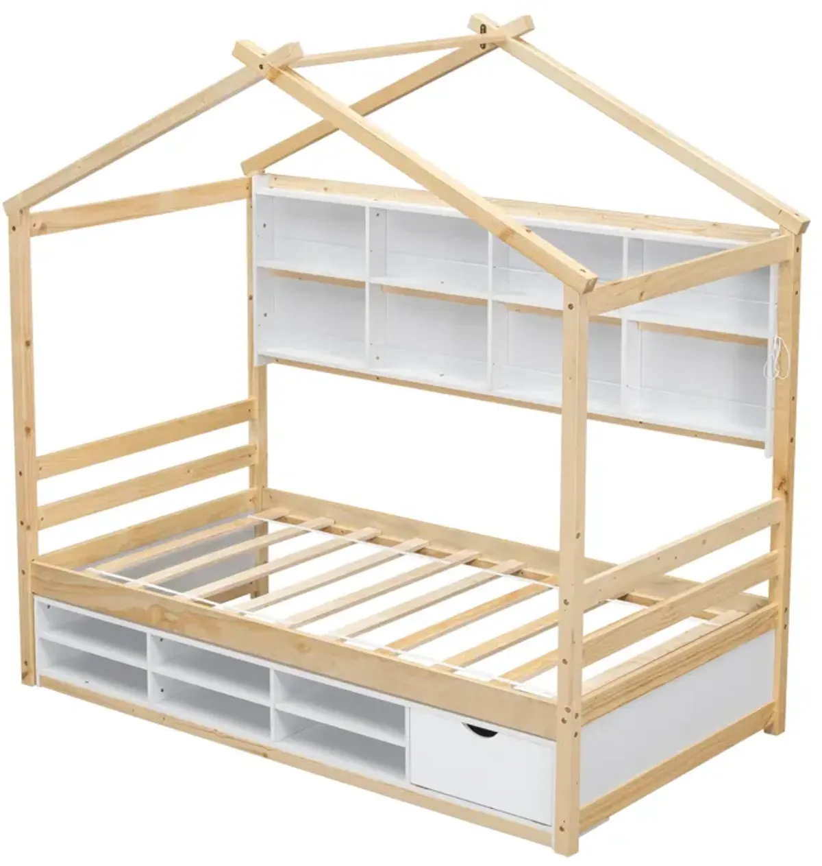 House Bed With Roof Frame, Bedside-Shelves, Under Bed Storage Unit